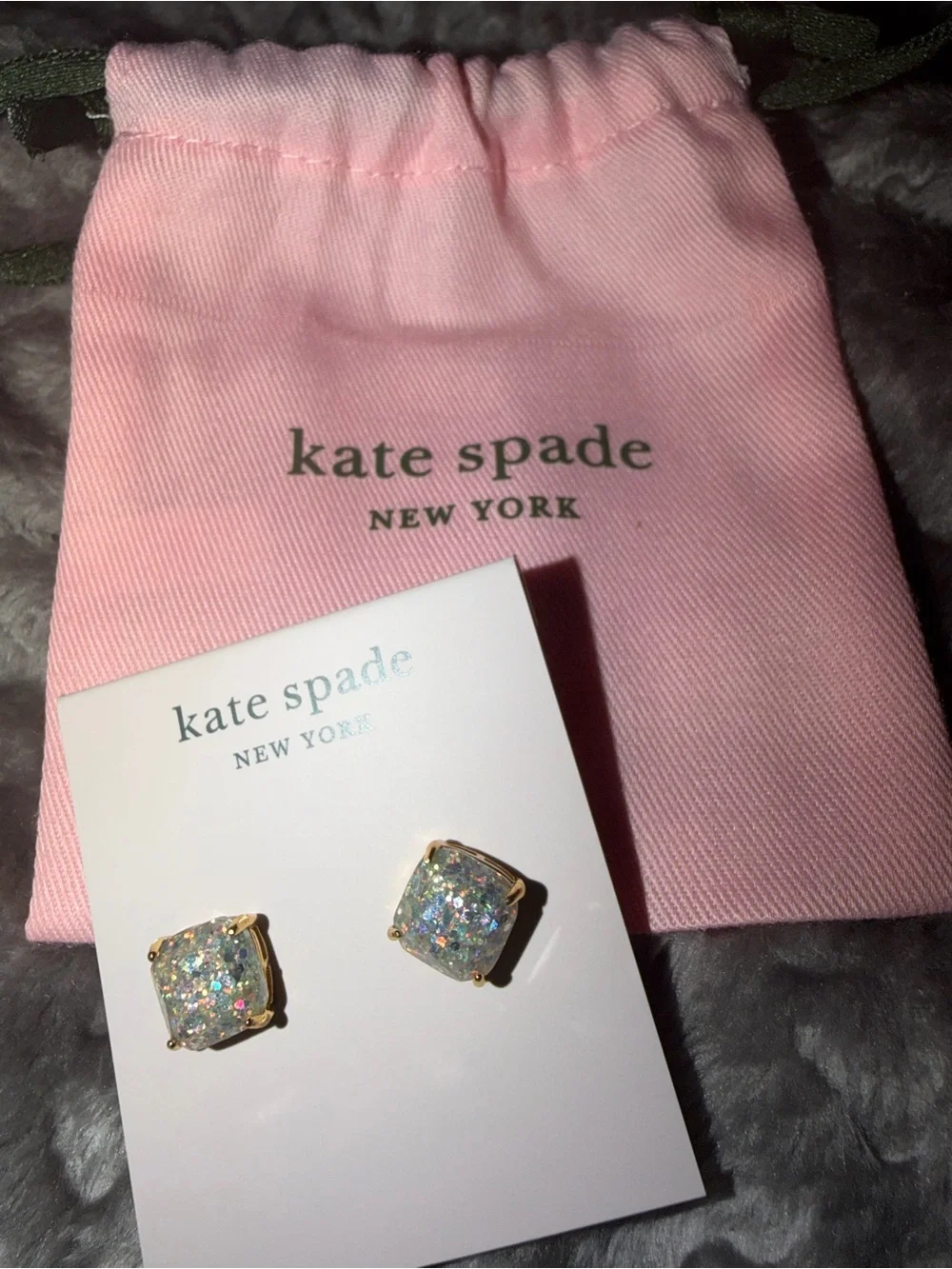kate spade Kids Pink Pouch with Iridescent Glitter Gold-Setting Stud Earrings